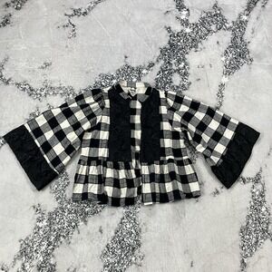 Jaase Patchwork Checkered Boho Crop Top Statement Bell Sleeves Size M Open Front